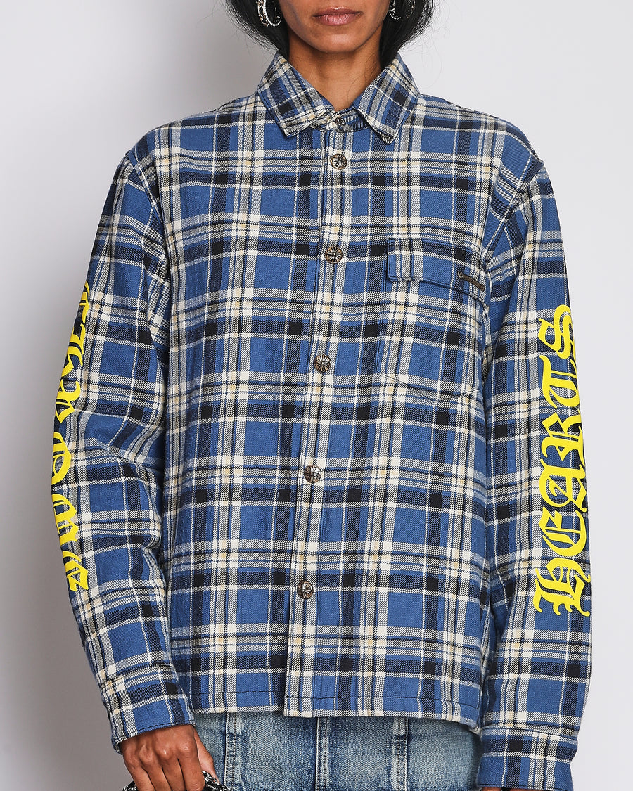 Chrome Hearts Mens Blue and Yellow Plaid Overshirt with Yellow Sleeve Logo Detail Size M (UK 44