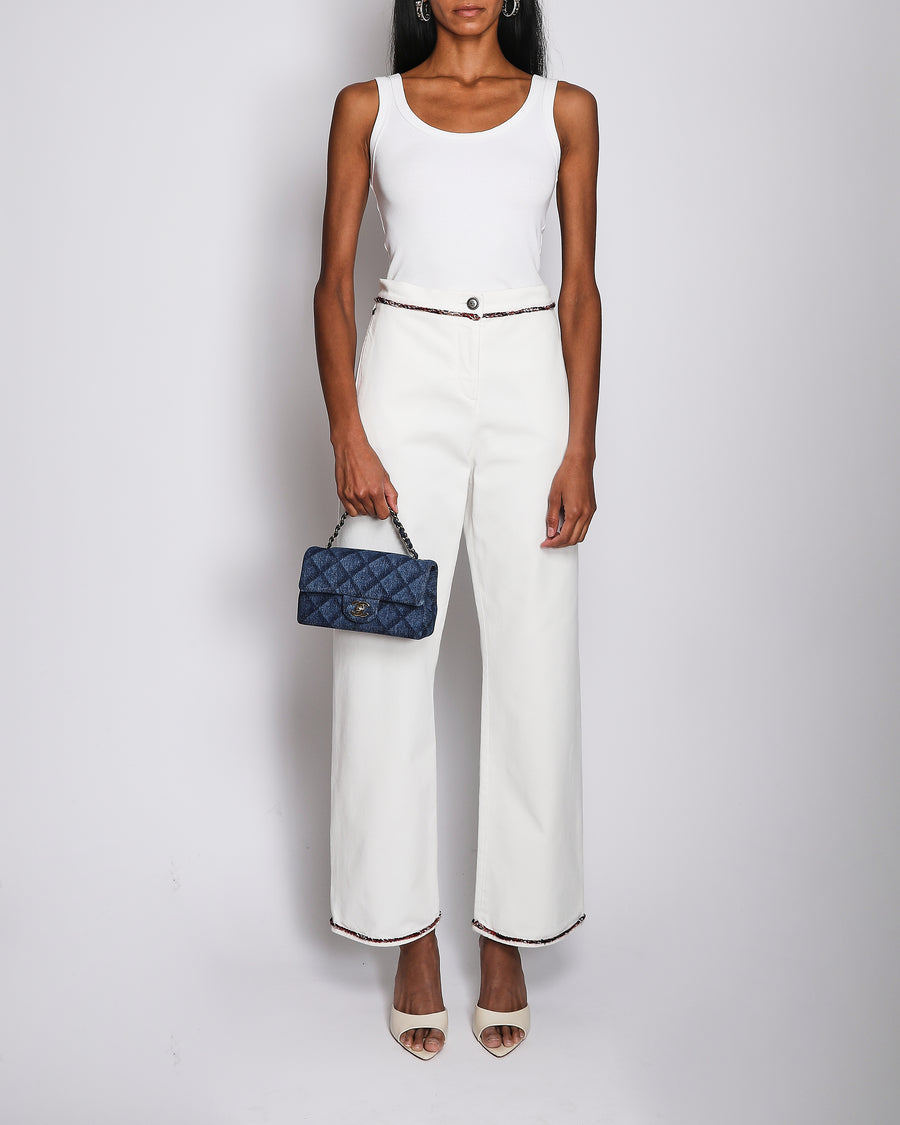 Chanel SS/21 High Waisted White Denim Jeans with Patterned Tweed Piping Size FR 38 (UK 10)