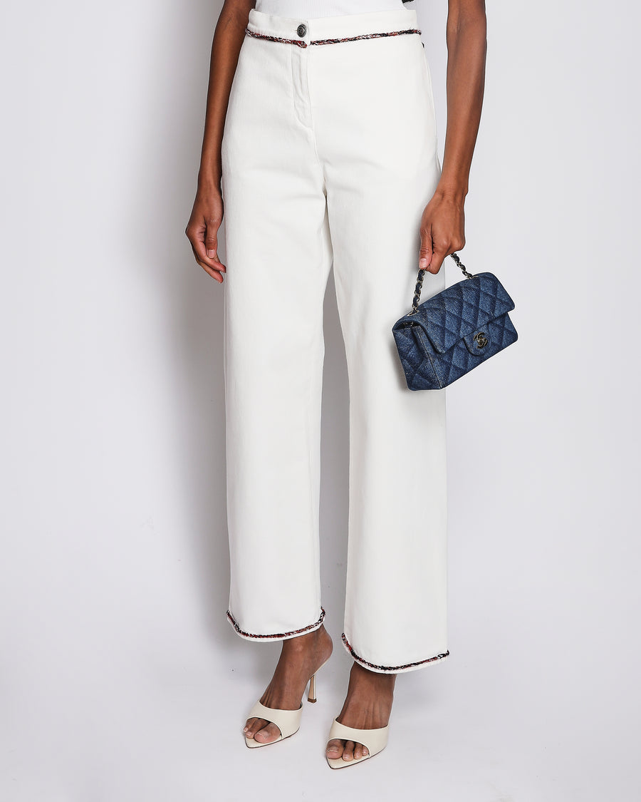 Chanel SS/21 High Waisted White Denim Jeans with Patterned Tweed Piping Size FR 38 (UK 10)
