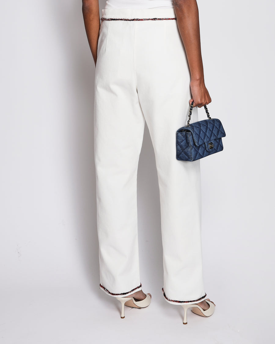 Chanel SS/21 High Waisted White Denim Jeans with Patterned Tweed Piping Size FR 38 (UK 10)