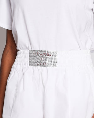 Chanel White Mini Shorts with Rhinestone Embellished Logo Detail Size FR 36 (UK 8)