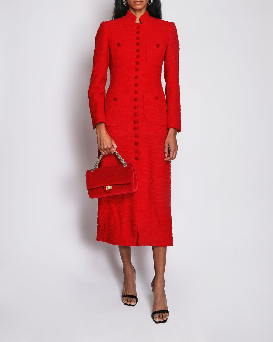 Liberowe Red Imperial Tweed Longline Coat with Velvet Buttons Size M (UK 10)