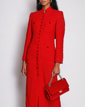 Liberowe Red Imperial Tweed Longline Coat with Velvet Buttons Size M (UK 10)