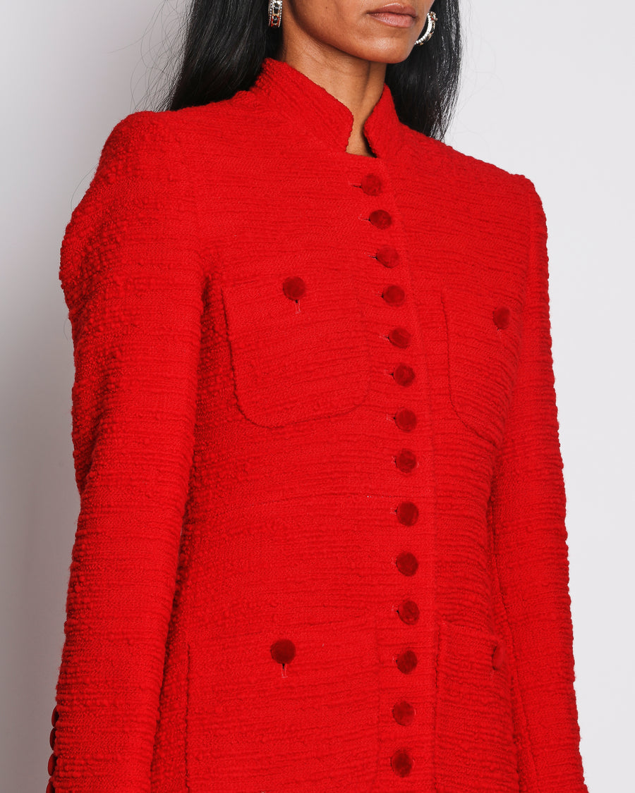 Liberowe Red Imperial Tweed Longline Coat with Velvet Buttons Size M (UK 10)