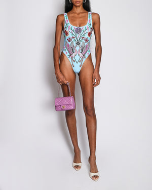 Oceanus Una High Cut Scoop Back Blue Embellished Swimsuit Size M (UK 10)