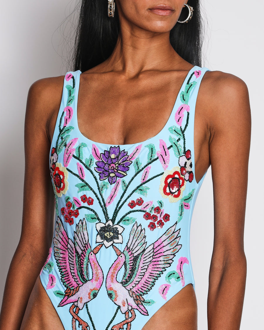 Oceanus Una High Cut Scoop Back Blue Embellished Swimsuit Size M (UK 10)
