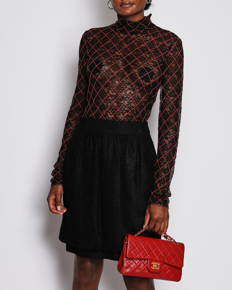 Chanel Black See Through Lace Top with Red Diamond Pattern Stitching Size FR 38 (UK 10)