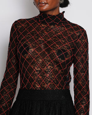 Chanel Black See Through Lace Top with Red Diamond Pattern Stitching Size FR 38 (UK 10)