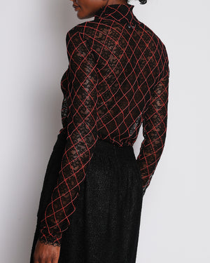 Chanel Black See Through Lace Top with Red Diamond Pattern Stitching Size FR 38 (UK 10)
