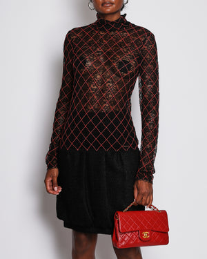 Chanel Black See Through Lace Top with Red Diamond Pattern Stitching Size FR 38 (UK 10)