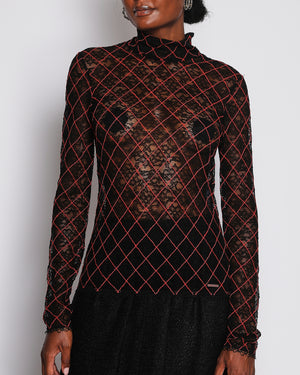Chanel Black See Through Lace Top with Red Diamond Pattern Stitching Size FR 38 (UK 10)