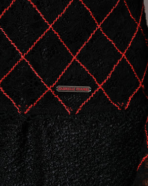 Chanel Black See Through Lace Top with Red Diamond Pattern Stitching Size FR 38 (UK 10)