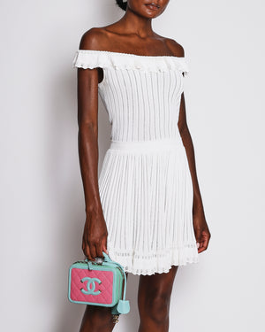 Alaïa Ivory Ribbed Knit Mini Dress with Ruffles and Pleated Skirt Details Size FR 40 (UK 12)