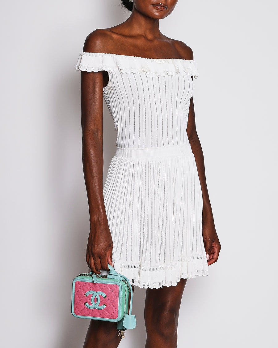 Alaïa Ivory Ribbed Knit Mini Dress with Ruffles and Pleated Skirt Details Size FR 40 (UK 12)