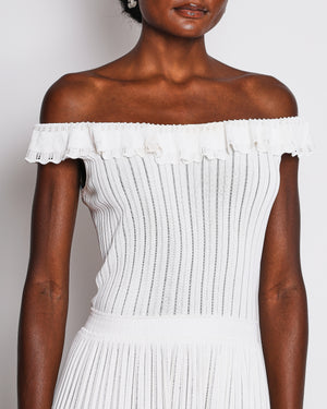 Alaïa Ivory Ribbed Knit Mini Dress with Ruffles and Pleated Skirt Details Size FR 40 (UK 12)