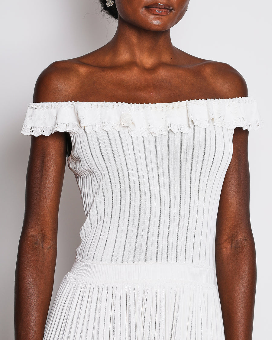 Alaïa Ivory Ribbed Knit Mini Dress with Ruffles and Pleated Skirt Details Size FR 40 (UK 12)