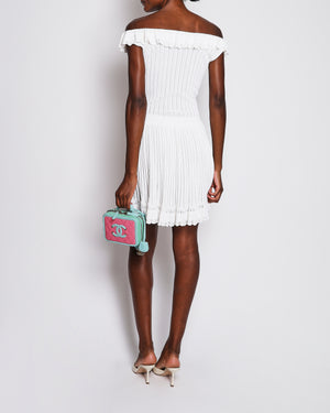 Alaïa Ivory Ribbed Knit Mini Dress with Ruffles and Pleated Skirt Details Size FR 40 (UK 12)