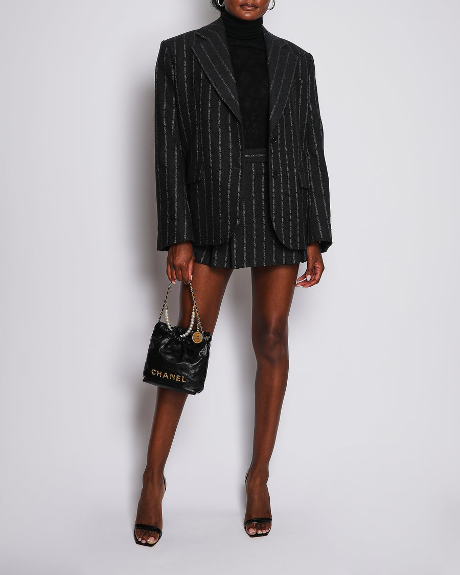 Versace Dark Grey Wool Logo Pinstriped Oversized Blazer and Shorts Set with Size IT 40 (UK 8)