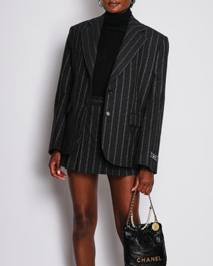 Versace Dark Grey Wool Logo Pinstriped Oversized Blazer and Shorts Set with Size IT 40 (UK 8)