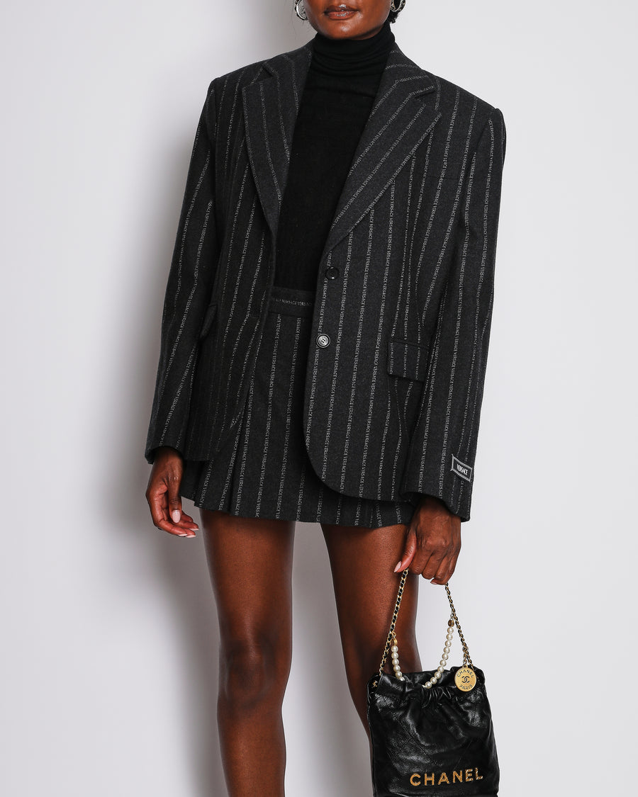 Versace Dark Grey Wool Logo Pinstriped Oversized Blazer and Shorts Set with Size IT 40 (UK 8)