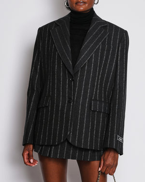 Versace Dark Grey Wool Logo Pinstriped Oversized Blazer and Shorts Set with Size IT 40 (UK 8)
