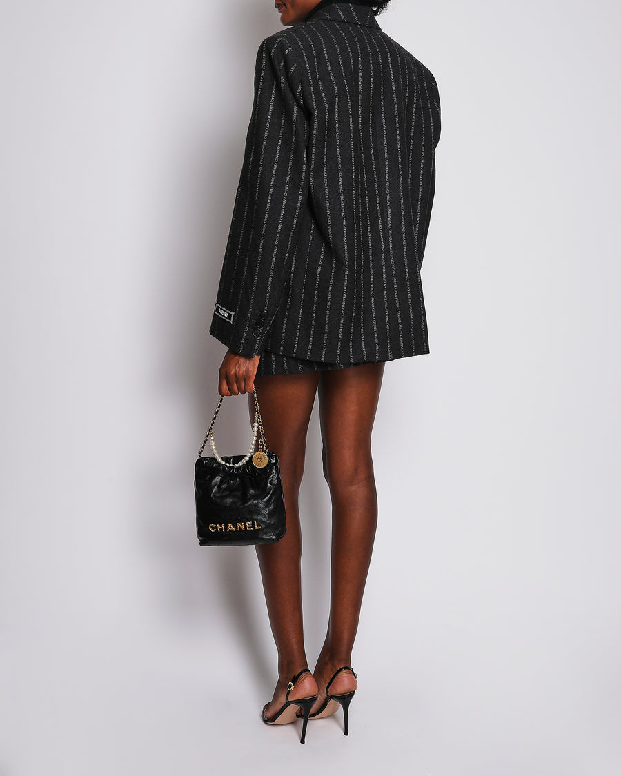 Versace Dark Grey Wool Logo Pinstriped Oversized Blazer and Shorts Set with Size IT 40 (UK 8)