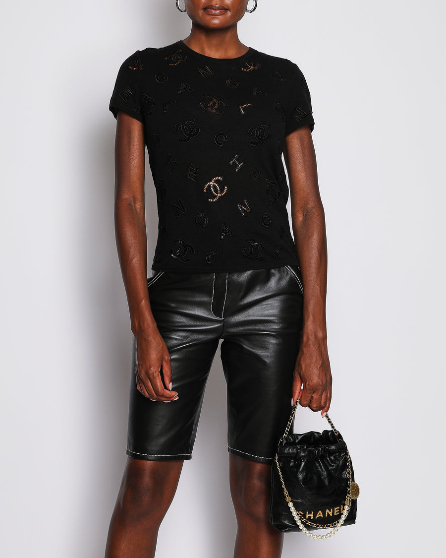 Chanel Black Short-Sleeved T-Shirt with Perforated CC Logos Size FR 34 (UK 6)