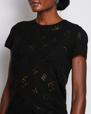 Chanel Black Short-Sleeved T-Shirt with Perforated CC Logos Size FR 34 (UK 6)