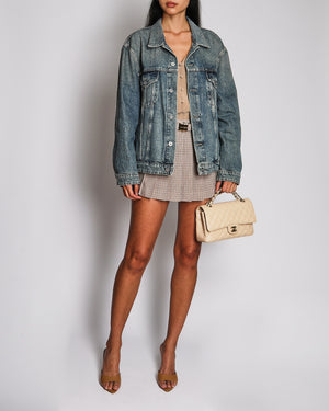 Miu Miu Blue Denim Oversized Jacket with Silver Buttons and Floral Patch Detail Size IT 40 (UK 8)