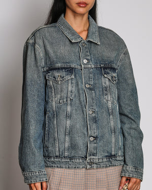 Miu Miu Blue Denim Oversized Jacket with Silver Buttons and Floral Patch Detail Size IT 40 (UK 8)
