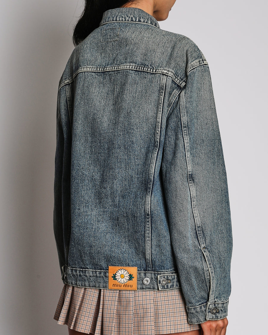 Miu Miu Blue Denim Oversized Jacket with Silver Buttons and Floral Patch Detail Size IT 40 (UK 8)