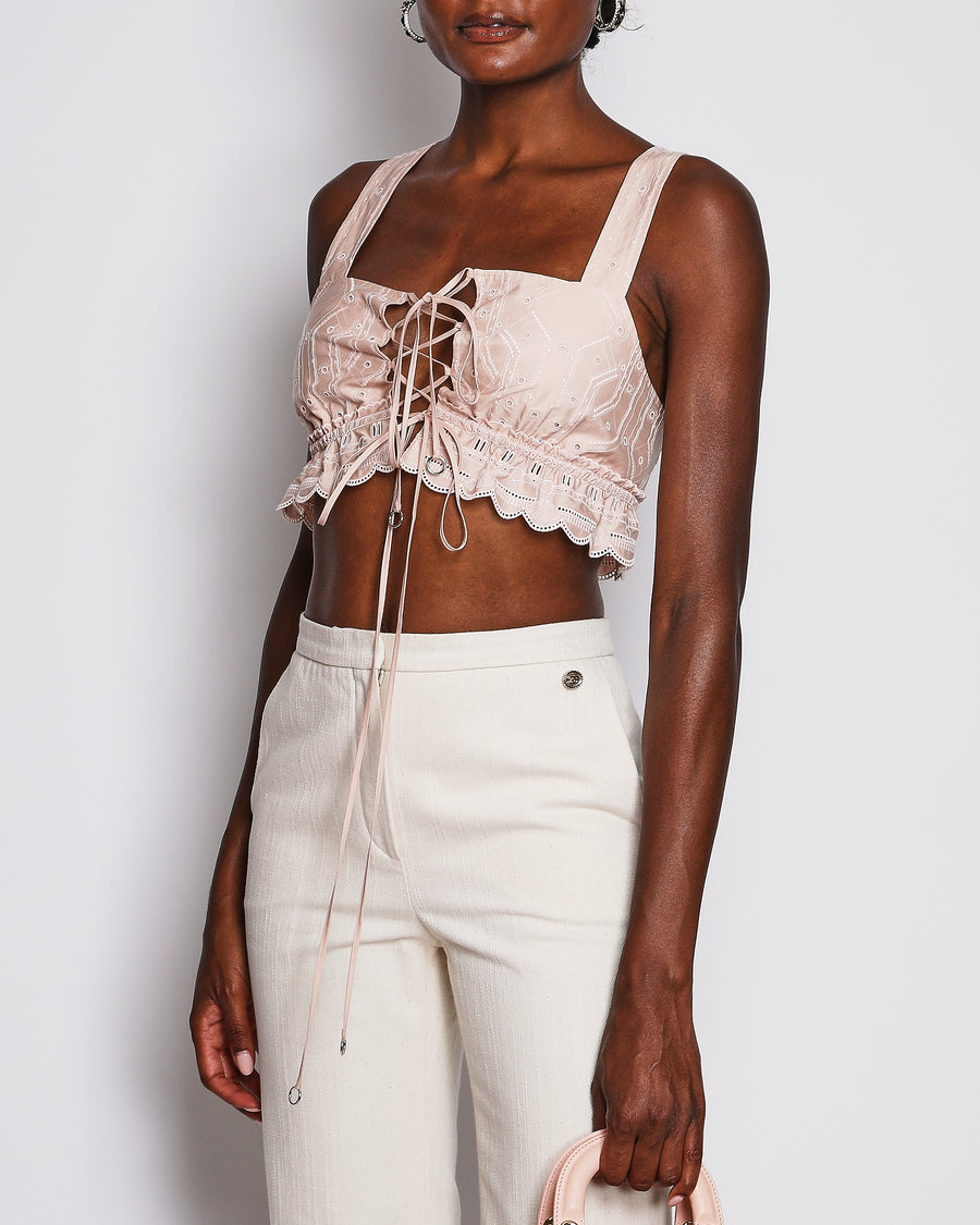 Hermès Light Pink Embroidered Bralette Top with Ribbons and Scalloped Trim Detail Size FR 36 (UK 8) RRP £1,800