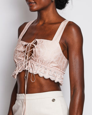 Hermès Light Pink Embroidered Bralette Top with Ribbons and Scalloped Trim Detail Size FR 36 (UK 8) RRP £1,800