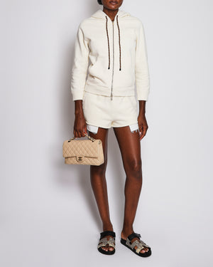Miu Miu Cream Zip-Up Hoodie and Shorts Set with Brown Drawstrings and Frayed Hems Detail and Embroidered Logo Size IT 38/42 (UK 6/10) RRP £2,220