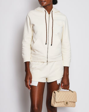 Miu Miu Cream Zip-Up Hoodie and Shorts Set with Brown Drawstrings and Frayed Hems Detail and Embroidered Logo Size IT 38/42 (UK 6/10) RRP £2,220