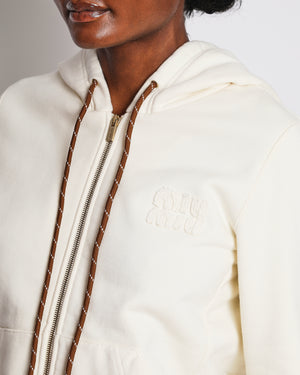 Miu Miu Cream Zip-Up Hoodie and Shorts Set with Brown Drawstrings and Frayed Hems Detail and Embroidered Logo Size IT 38/42 (UK 6/10) RRP £2,220
