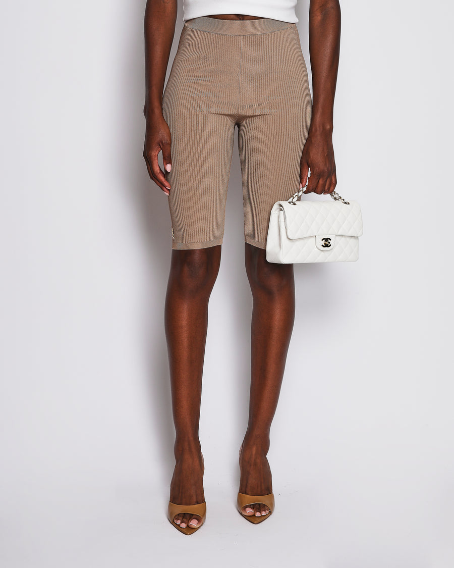 Saint Laurent Beige Ribbed Biker Shorts with Gold YSL Logo Detail Size XS (UK 6)