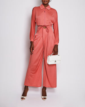 Hermès Coral Silk Cropped Zip-up Top and High Waisted Wide Leg Pants Set with Adjustable Drawstring Detail Size FR 34(UK 6)