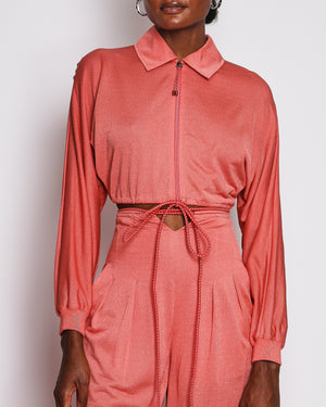 Hermès Coral Silk Cropped Zip-up Top and High Waisted Wide Leg Pants Set with Adjustable Drawstring Detail Size FR 34(UK 6)