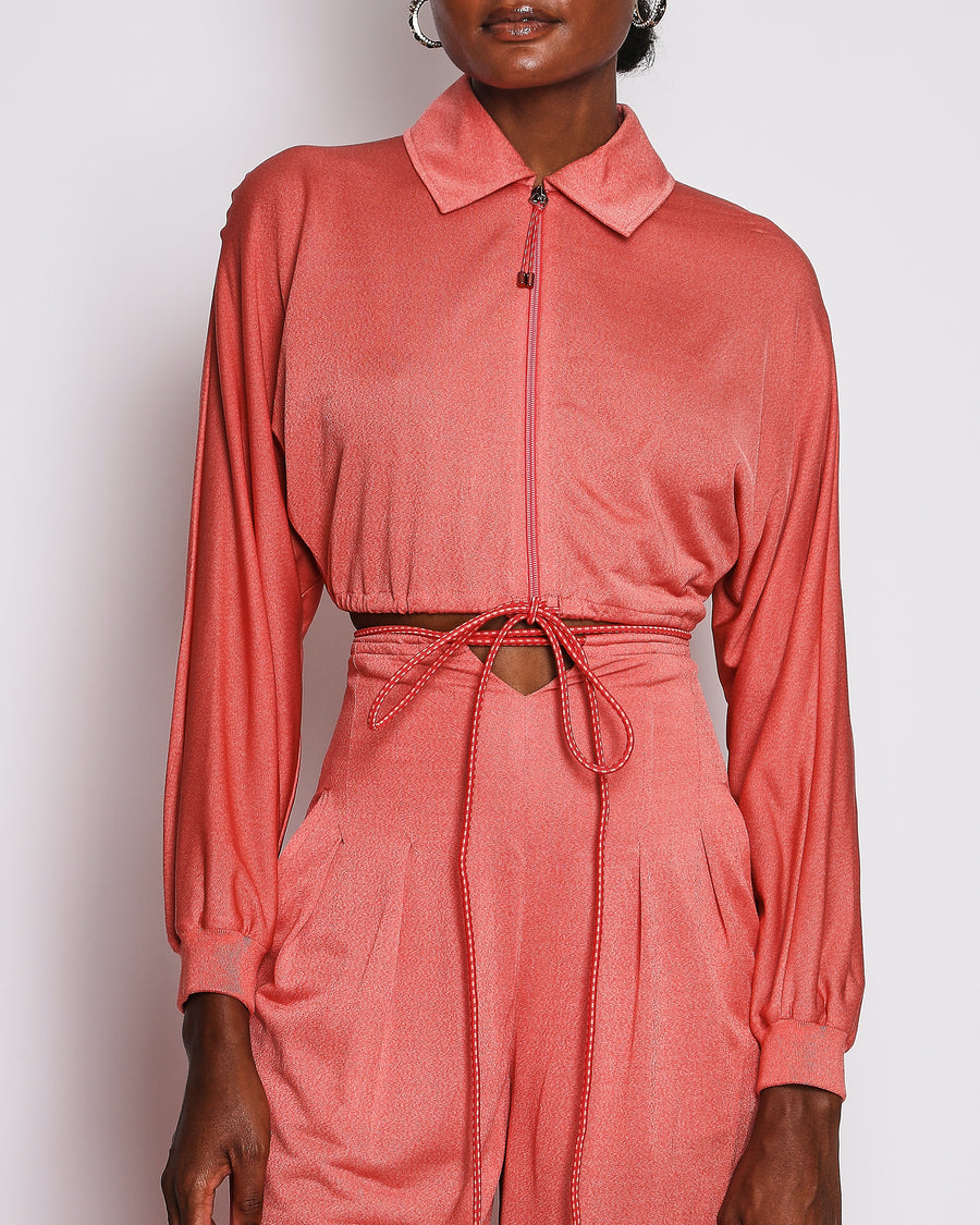 Hermès Coral Silk Cropped Zip-up Top and High Waisted Wide Leg Pants Set with Adjustable Drawstring Detail Size FR 34(UK 6)