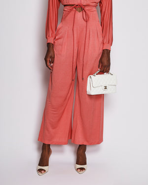 Hermès Coral Silk Cropped Zip-up Top and High Waisted Wide Leg Pants Set with Adjustable Drawstring Detail Size FR 34(UK 6)