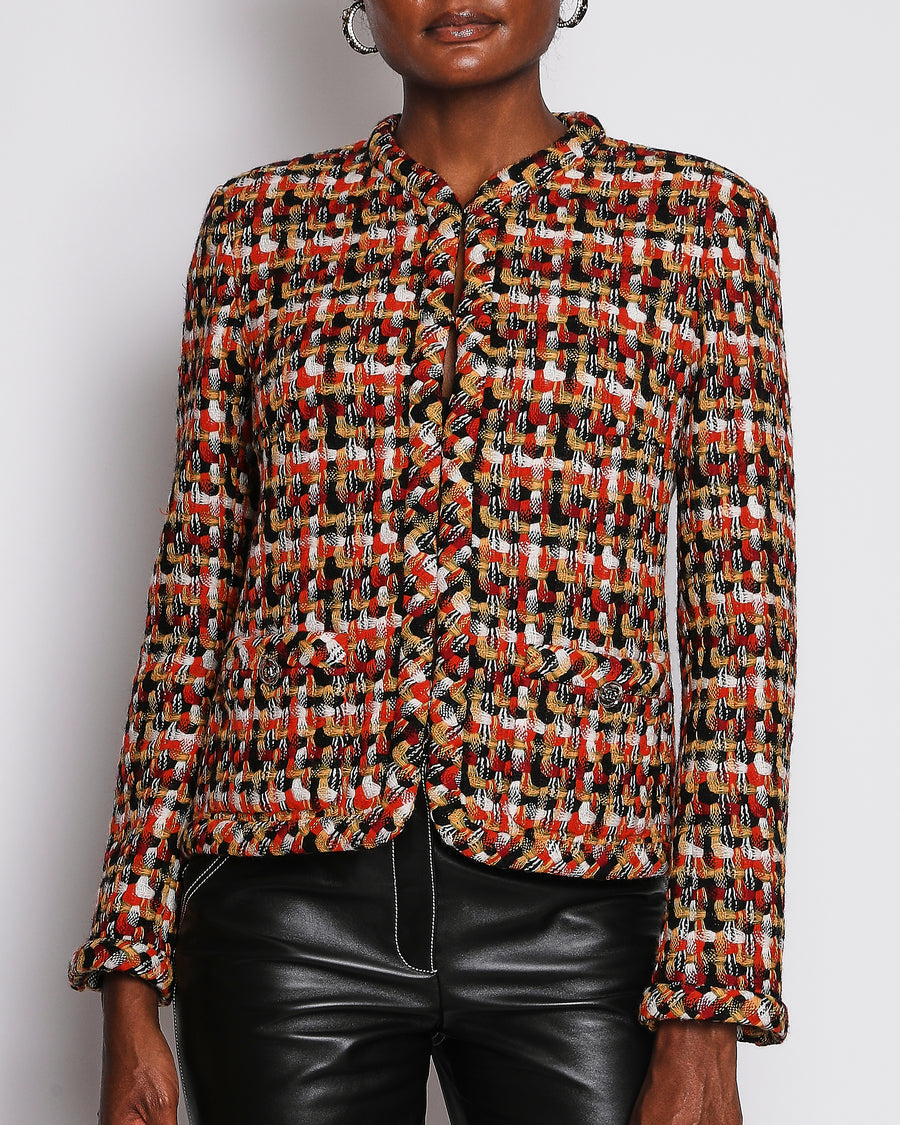 Chanel 23/A Orange Tweed Collarless Jacket with CC Button Detail Size FR 38 (UK 10)