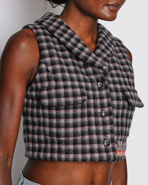 Chanel 21/B Pink and Charcoal Houndstooth Vest with Logo Embellishment Detail Size FR 38 (UK 10)
