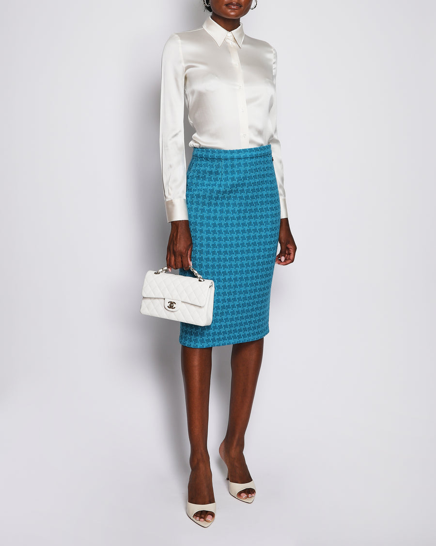 Chanel 20/S Blue Houndstooth Tweed Midi Skirt with CC Button Detail Size FR 38 (UK 10)