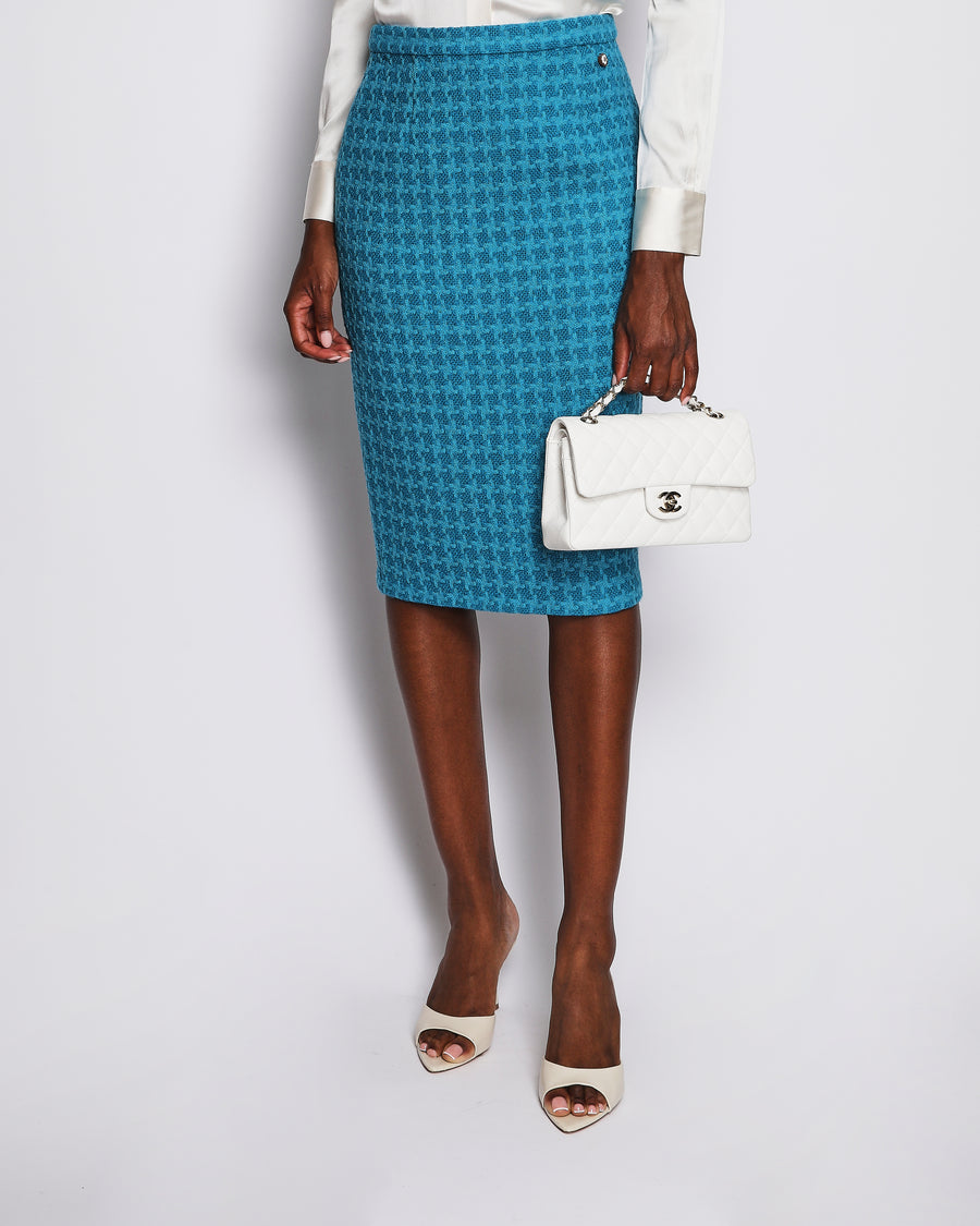 Chanel 20/S Blue Houndstooth Tweed Midi Skirt with CC Button Detail Size FR 38 (UK 10)