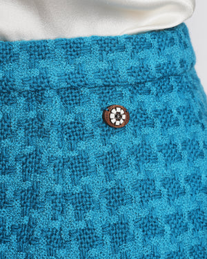 Chanel 20/S Blue Houndstooth Tweed Midi Skirt with CC Button Detail Size FR 38 (UK 10)