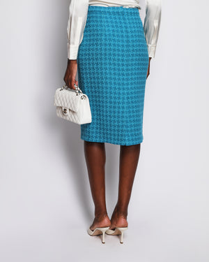 Chanel 20/S Blue Houndstooth Tweed Midi Skirt with CC Button Detail Size FR 38 (UK 10)