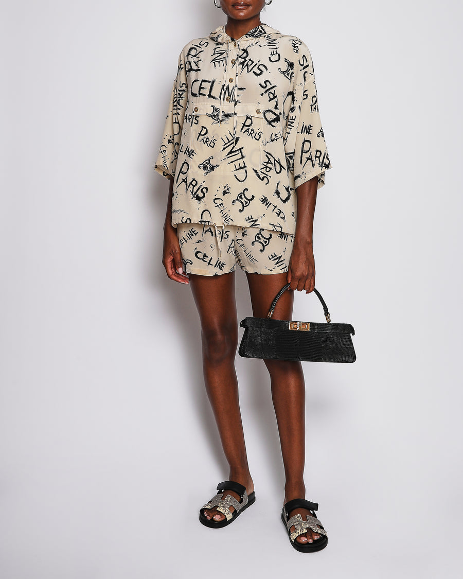 Celine Beige Triomphe Logo Print Hooded Top with Matching Shorts Set Size FR 36/38 (UK 8/10)