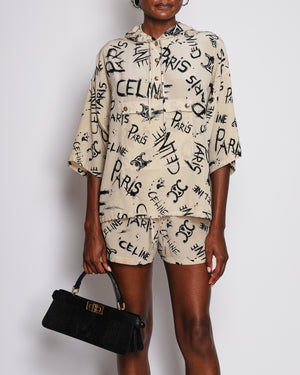 Celine Beige Triomphe Logo Print Hooded Top with Matching Shorts Set Size FR 36/38 (UK 8/10)