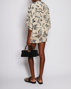 Celine Beige Triomphe Logo Print Hooded Top with Matching Shorts Set Size FR 36/38 (UK 8/10)